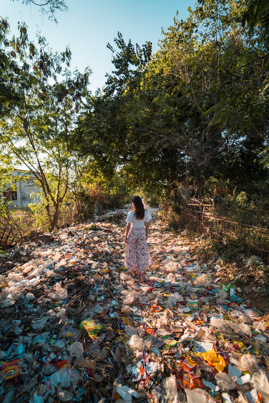 photo of a woman standing on a pile of garbage near trees